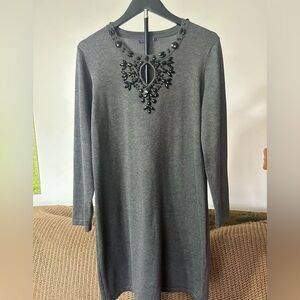 Chic Long Sleeve Gray Dress with Embellished Neckline